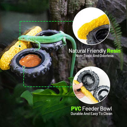 Gecko Gecko Feeder Ledge, Magnetic Reptile Feeding Ledge with 4 Food Bowls, Natural Tire-Design Resin Base for Bearded Dragon, Snake, Frog in Glass/PVC/Acrylic/Wood Tanks