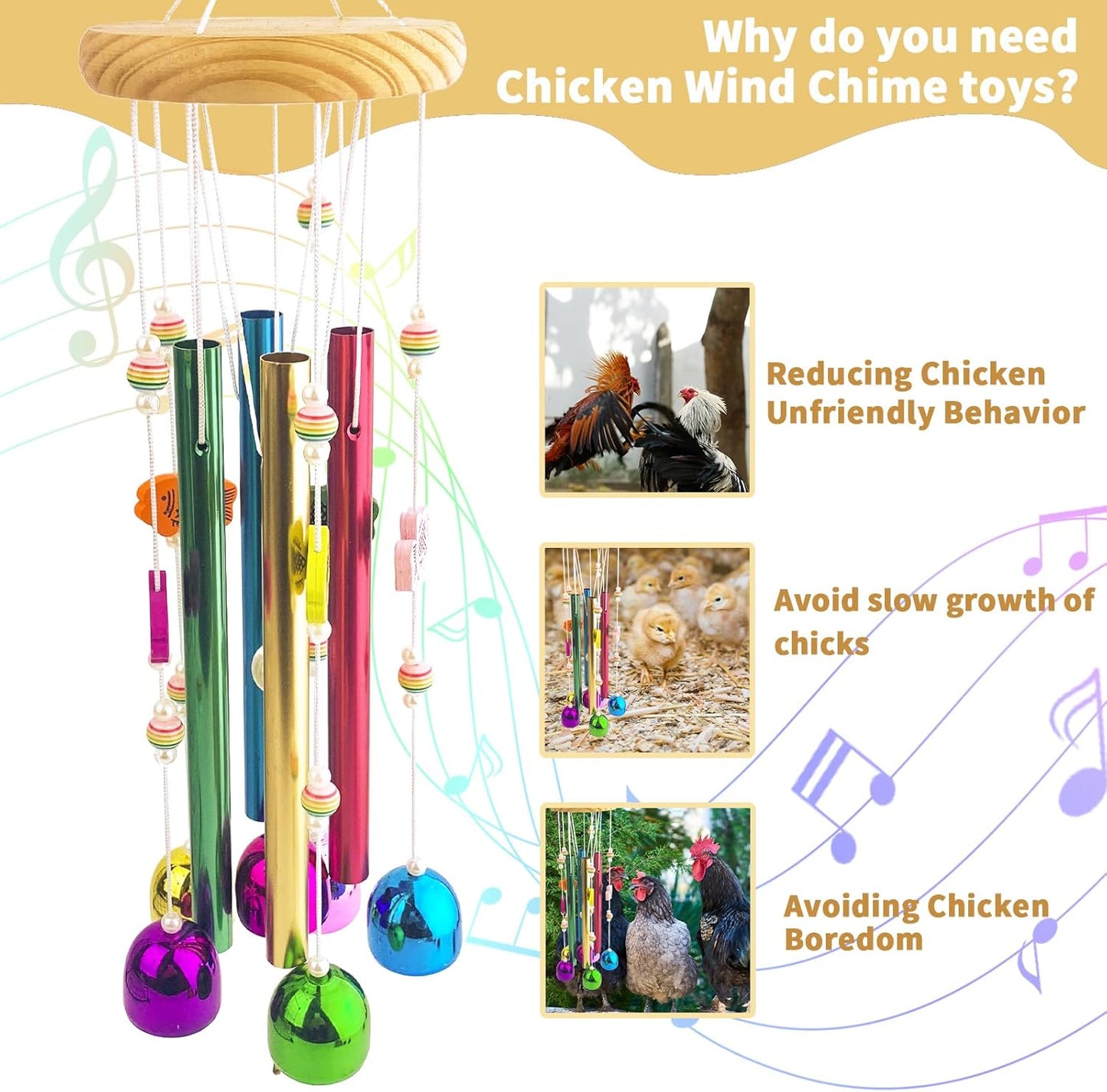 2PCS Chicken Toys for Coop, Multicolor Wind Chime Enrichment Art Hanging Chick Peck Toy with Colorful Bells, Chicken Musical Coop Accessories, Coop Toys for Hens Chicks Poultry Birds Parrots