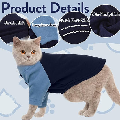 T'CHAQUE Cat Pajamas - Soft Cat Clothes& Shirts & Pajamas with Sleeves, Stretchy Sweater, Pullover Kitten Clothes, Blue, X-Small