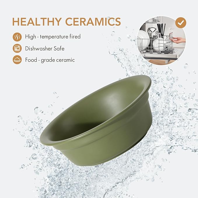 Ceramic 5.5inch Set of 2 Dog and Cat Bowls, 2pcs Basic Food and Water Dishes for Puppy, Kitty, Wide Opening Rounded Edge (2 Bowls, Olive Green)