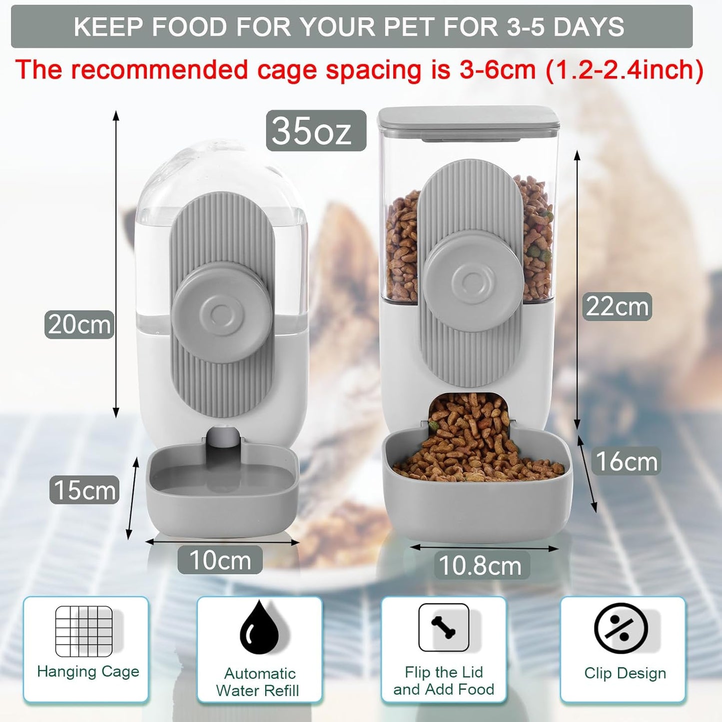 Hanging Automatic Rabbit Feeder for Cage,Dog Cat Food and Water Dispenser,Rabbit Water Bottle Guinea Pig Food Bowl Set,Gravity Feeder for Cats Dogs (Gray)