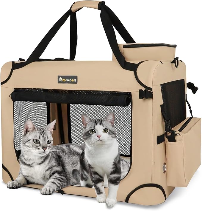 Extra Large Cat Carrier for 2 Cats Collapsible Soft Pet XL Crate for Large/Medium Cats 20lbs Car Travel Portable Bag with Water Bottle Slot For Long Trips (Beige, 24.0"L x 16.5"W x 16.5"H)