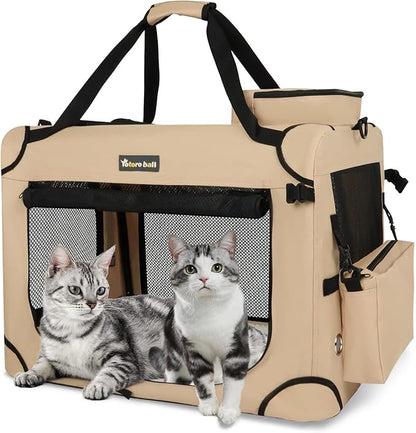 Extra Large Cat Carrier for 2 Cats Collapsible Soft Pet XL Crate for Large/Medium Cats 20lbs Car Travel Portable Bag with Water Bottle Slot For Long Trips (Beige, 24.0"L x 16.5"W x 16.5"H)