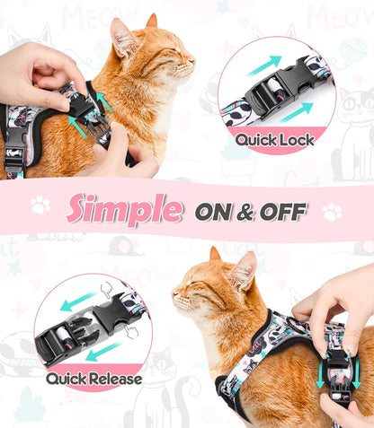 Halypet Cat Harness and Leash Set[MAX Safety 4th-Gen] Cute Escape Proof Vest Harness for Girl&Boy Cat Walking, Comfortable Adjustable Leash and Reflective Strips for Outdoor Kitten, M Inky Meowy
