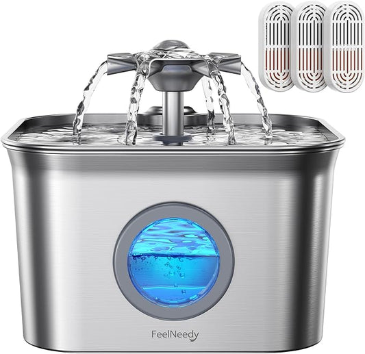 Stainless Steel Cat Water Fountain for Drinking with 3 Filters, 2.8L Auto Pet Drinking Fountain for Cats with 20dB Ultra-Quiet Pump, 24/7 Circulation Filtration LED Water Level Window Dishwasher Safe