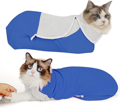 Self-Adhesive Cat Grooming Wrap, Cozy Cat Wrap for Cutting Nails, Breathable Anti-Scratch Cat Swaddle Bag for Brushing, Ear Cleaning, Dental Care, Medication, Injections, Blue S