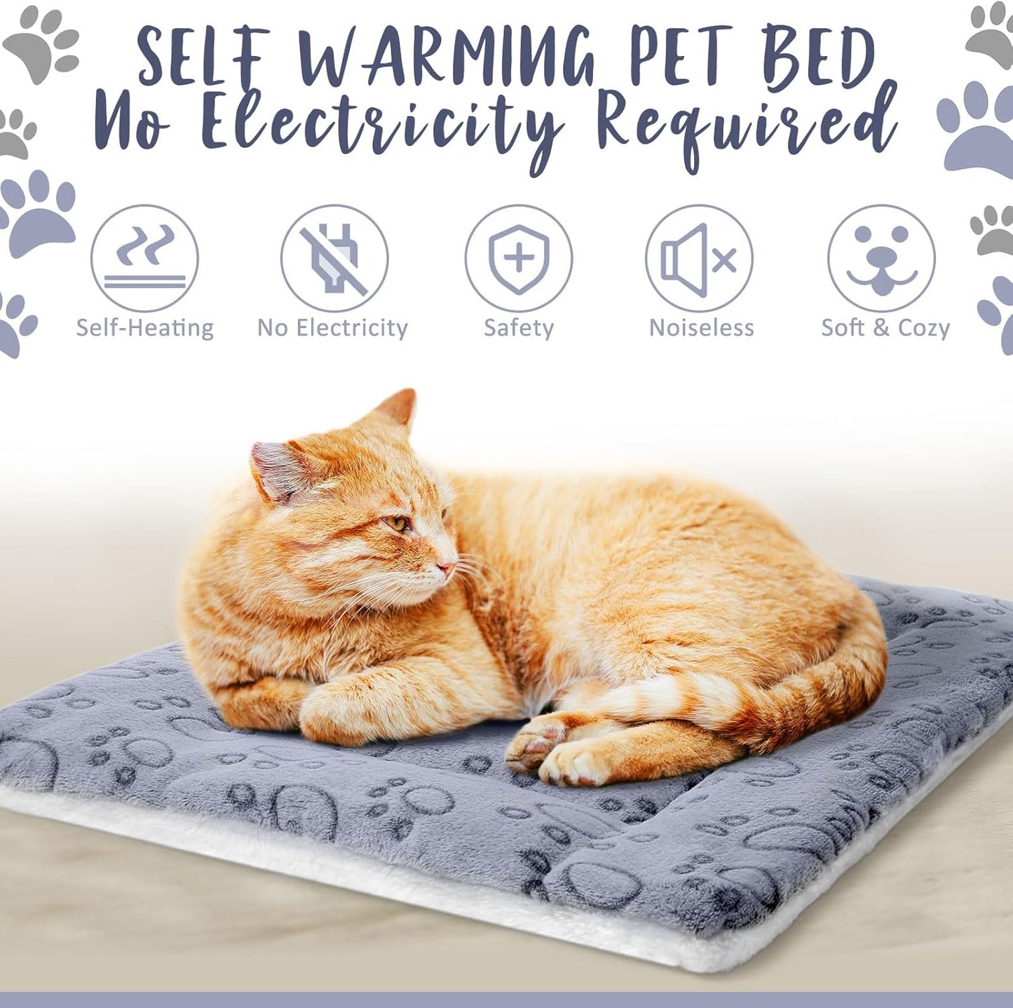 VitalCozy 2 Pack Self Warming Cat Mat Self Heating Pad Bed Reversible Machine Washable Reflects Body Heat Warm Thermal Pet Pad Crate Blanket for Feral and Indoor Cat (Grey,22'' X 18'',Dog Paw)