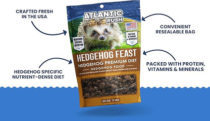 Atlantic Rush Hedgehog Feast Premium Food - 2lb Resealable Bag of Hedge Hog Delite- Small Critter Supplies Hedge Hog Food - Hedgehog Treats- Sourced & Made in The USA