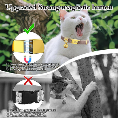 Personalized Breakaway Cat Collars - Magnetic Buckle, Bell - Safety Quick Release, Customized for Girls & Boys Cats- (Velvet-Chocolate)