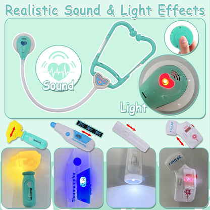 TEUVO Toy Doctor Kit for Girls - Pretend Play Doctor Set with Dog Toy, Carrying Bag & Stethoscope & Dress Up Costume - Toys Doctor Play Gift for Kids Toddlers Ages 1 2 3 4 5 6 7 Year Old for Role Play