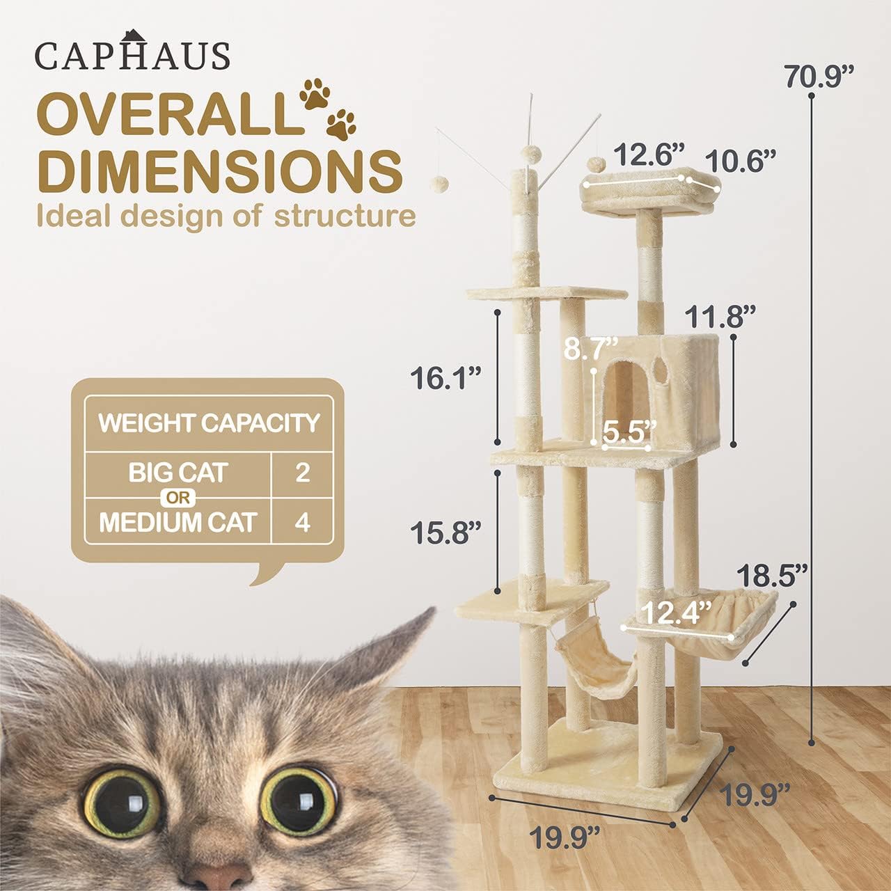 CAPHAUS Tall Climbing Modern Indoor Play Tower for Large Cats Kittens, 70-Inch with Top Perch, Cat Cave Condo, Cat Tree w Hammock, Multi-Level Cat Activity Tree w Cute Scratching Posts