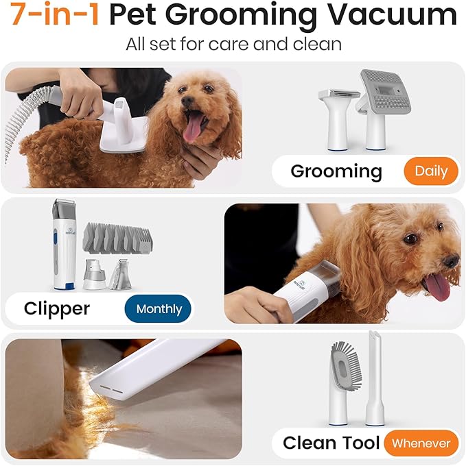 oneisall Dog Grooming Vacuum, Pet Grooming Vacuum with Clipper Nail Grinder, 1.5L Dust Cup Dog deshedding Vacuum Brush with 7 Pet Grooming Tools for Shedding Pet Hair, Home Cleaning(Blue)
