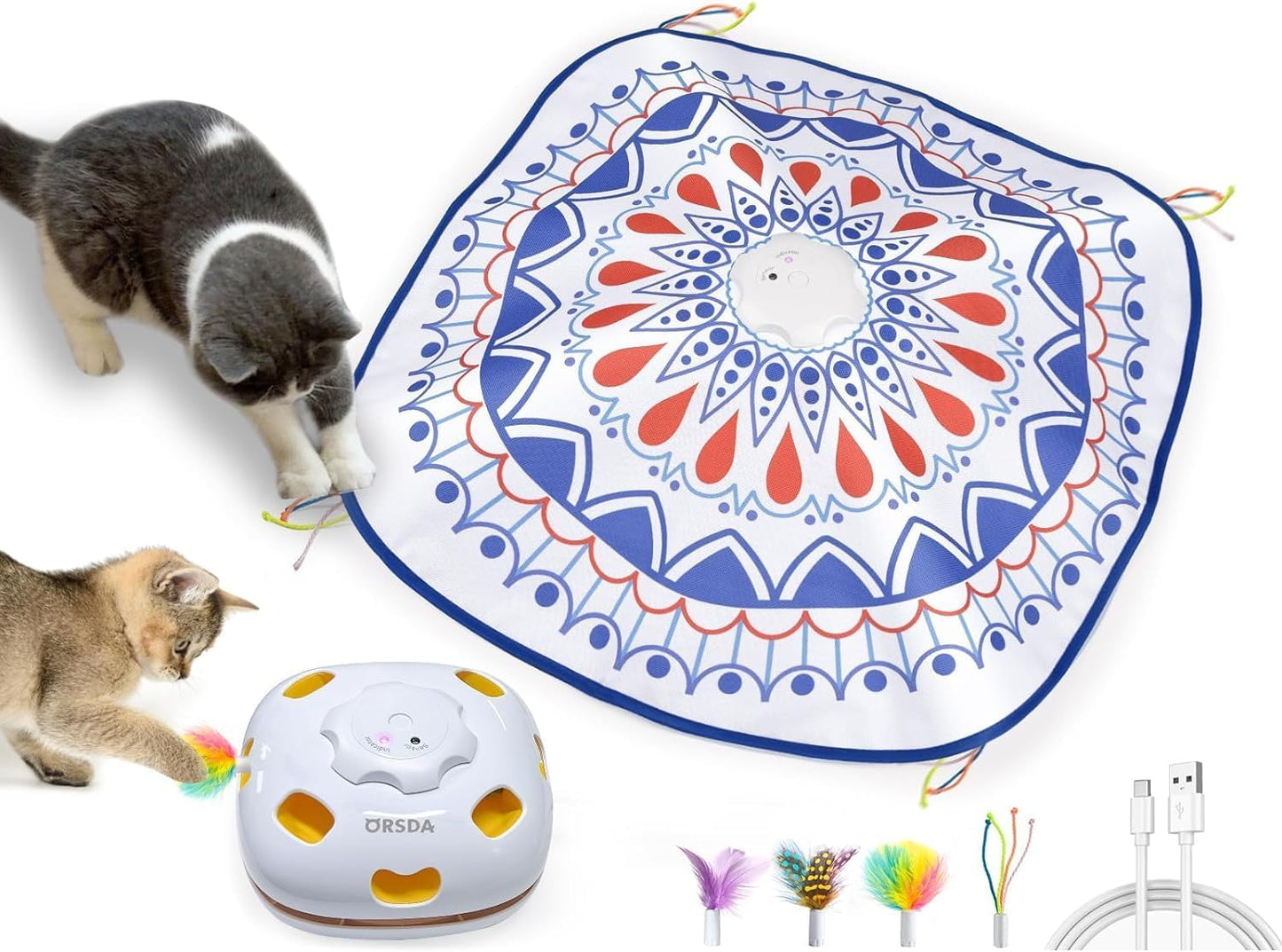 ORSDA Cat Toys, 4 in 1 Interactive Cat Toys for Indoor Kitten, Automatic Electric Enrichment Hide and Seek, Chase The Feather, 8 Holes Mice Whack-A-Mole, Catch Magic Wand