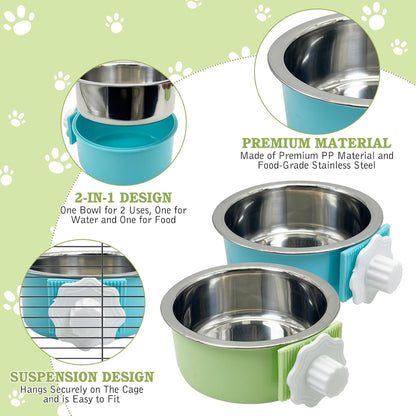 Tfwadmx 4 Pcs Crate Dog Bowl Cat Removable Stainless Steel Food and Water Feeder Hanging Cage Bowls Coop Cup with Cleaning Set for Pet Puppy Bird Rat Guinea Pig Ferret Bunny Rabbit (Light Blue&Green)
