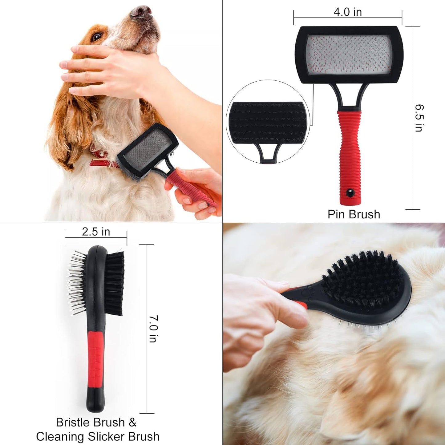 Wisedog Pet Grooming Kit - Pin & Bristle Brush, Slicker Brush, Dematting Tool, Nail Clipper, Hair Removal Mitts, Flea Comb for Dogs and Cats (Reddish-black)