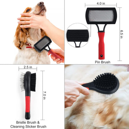 Wisedog Pet Grooming Kit - Pin & Bristle Brush, Slicker Brush, Dematting Tool, Nail Clipper, Hair Removal Mitts, Flea Comb for Dogs and Cats (Reddish-black)