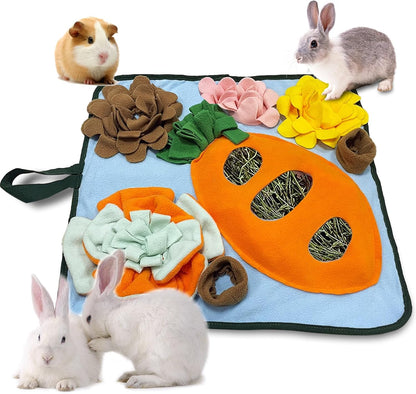 Adpartner Rabbit Foraging Mat Bunny Toys, 20"x20" Rabbit Snuffle Mat Interactive Feeding Game, Washable Bunny Hay Feeder Treat Dispenser Foraging Toys for Rabbits Guinea Pigs Chinchillas Ferrets