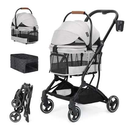 T3 3 in 1 Small Pet Stroller for Dogs & Cats, 4 Wheels for Dogs with Detachable Carrier with Pad, Canopy and Cup Holder, Grey