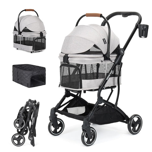 T3 3 in 1 Small Pet Stroller for Dogs & Cats, 4 Wheels for Dogs with Detachable Carrier with Pad, Canopy and Cup Holder, Grey