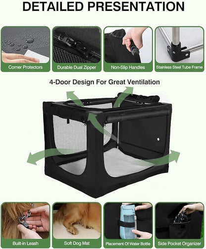 24 Inch Collapsible Travel Dog Crate for Medium Large Dogs, Portable Dog Crate 4-Door Foldable Soft Kennel with Durable Mesh Windows for Indoor & Outdoor Travel, with Storage Bag,Black