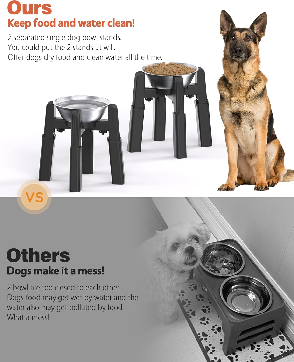 CZPET Dog Bowl Stand, 51 oz Large Capacity Raised Elevated Dog Food/Water Stainless Steel Feeder, Size and Height Adjustable & Anti-Slip Stand for Medium Dogs (2 Pack)