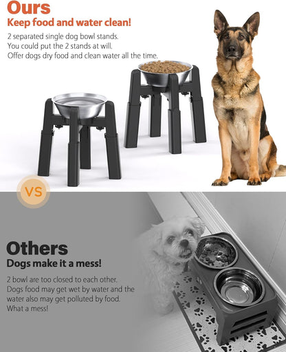 CZPET Dog Bowl Stand, 51 oz Large Capacity Raised Elevated Dog Food/Water Stainless Steel Feeder, Size and Height Adjustable & Anti-Slip Stand for Medium Dogs (2 Pack)