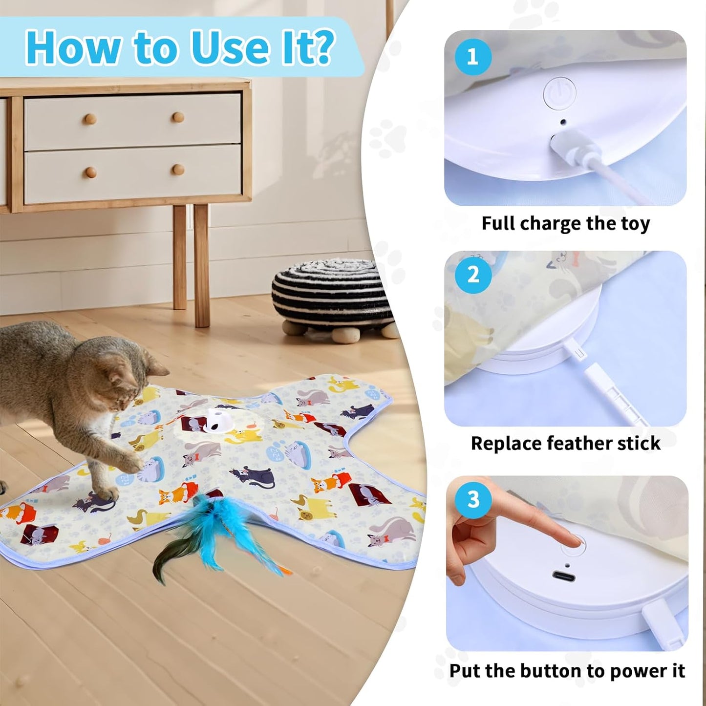 DFQ Interactive Cat Toys Chargeable,Automatic Toy for Indoor Cats with Moving Concealed Wand Feather, 2 in 1 Hide and Seek Game Cat Toy for Hunting Instincts Exercise,Bored Adult Cats Wand Toy