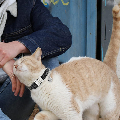 Personalized Reflective Nylon Cat Collar with Name Phone,Custom Engraved Buckle Cat Collar with Bell,Adjustable for Small Dogs Puppy Kitten (Black,fit 7.5''-12.0'')