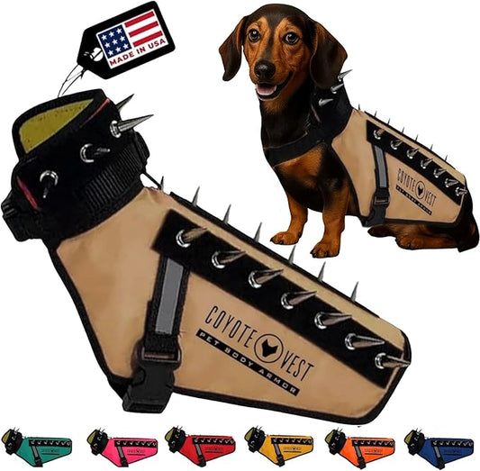 CoyoteVest Dog Harness Protection Vest, Reflective Dog Accessories with Spikes to Shield Your Pet from Raptor and Animal Attacks, Proudly Made in America (XX-Small, Texas Tan)