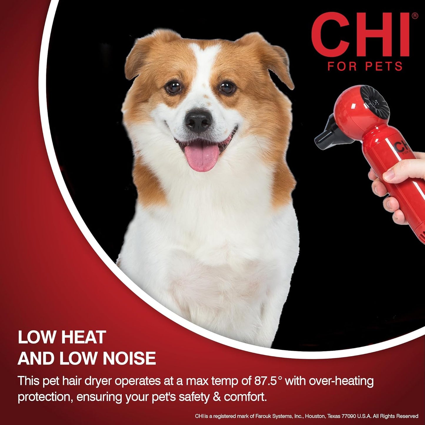 CHI for Pets Grooming Plus Handheld Pet Hair Dryer - Low Heat and Quiet Motor - Compact Blow Dryer for Dogs and Cats - One-Handed Design for Easy Drying and Comfort