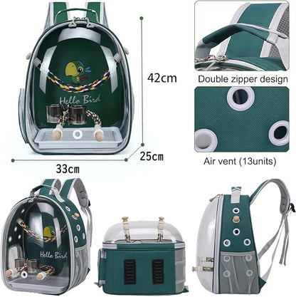 Bird Traval Carrier Cage, Multi Vent Holes Clear Space Capsule Astronaut Backpack to Carry Parakeet Cockatiel Parrot with Metal Tray Wood Perch, Vet Transport Book Bag (Green) (GREEN1)