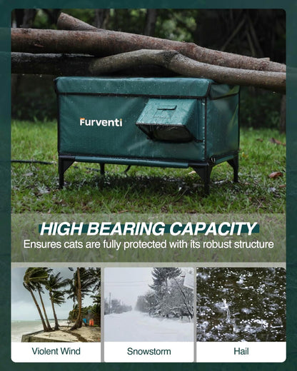 Heated Cat House for Outside,Dual Camera Mounts,100% Weatherproof & Extremely Insulated,Elevated Feral Cat Shelter with Escape Door,Waterproof Eaves for Outdoor Stray Barn Cat(Dark Green,M)