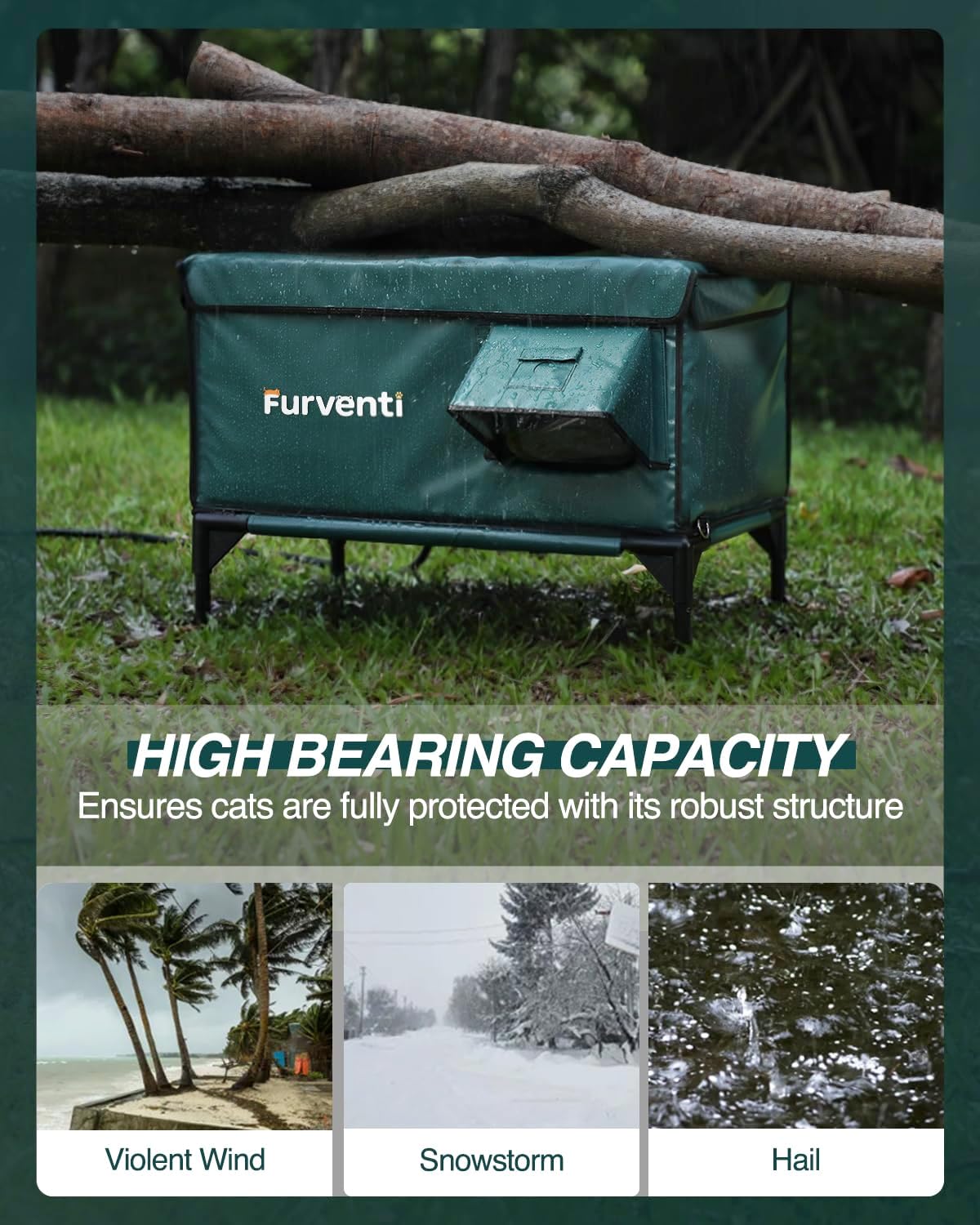 Outdoor Heated Cat House in Winter,Extremely Insulated & Weatherproof,Elevated Feral Cat Shelter with Waterproof Eaves & Escape Door for Outside Stray Barn Cat (Dark Green,L)