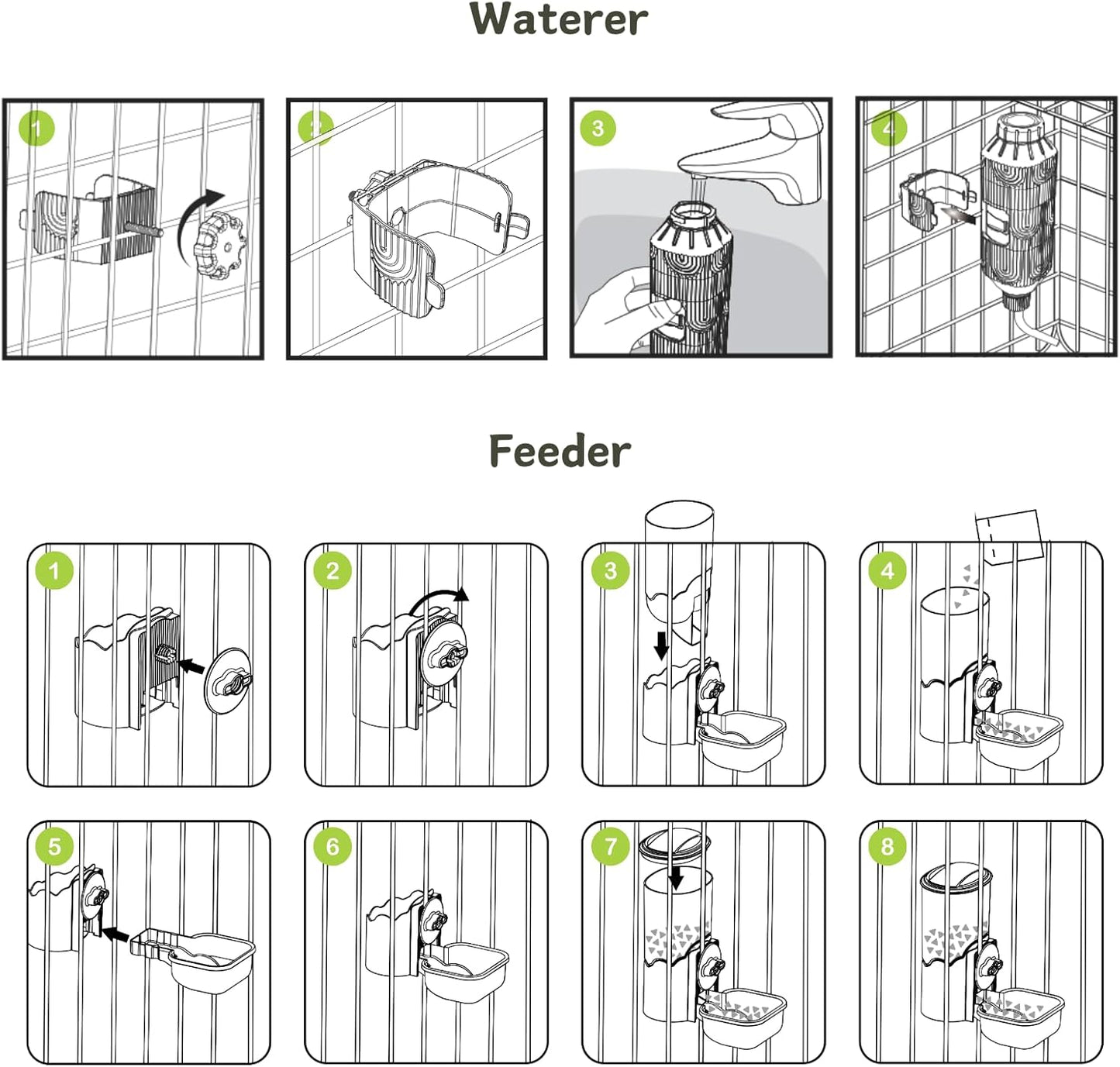 Automatic Pet Food Water Dispenser, Auto Gravity Pet Feeder Water Bottle Set for Cage, Feeding Station for Puppy Kitten Rabbit Guinea Pigs Chinchilla Ferret Hedgehog (Green)