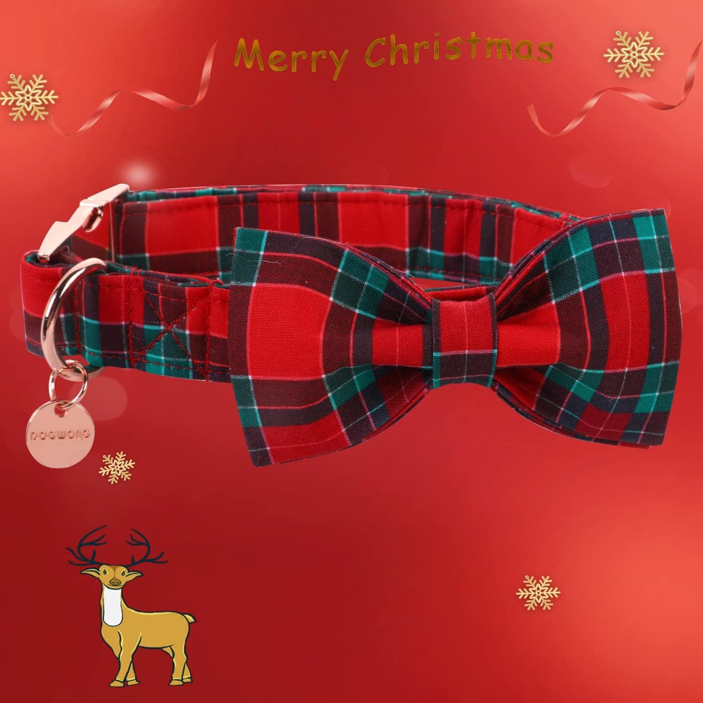 DOGWONG Christmas Dog Collar with Bow tie, Red Plaid Dog Collar Soft Durable Adjustable Cotton Red Green Tartan Puppy Collar for Small Medium Large Dog