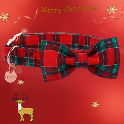 DOGWONG Christmas Dog Collar with Bow tie, Red Plaid Dog Collar Soft Durable Adjustable Cotton Red Green Tartan Puppy Collar for Small Medium Large Dog