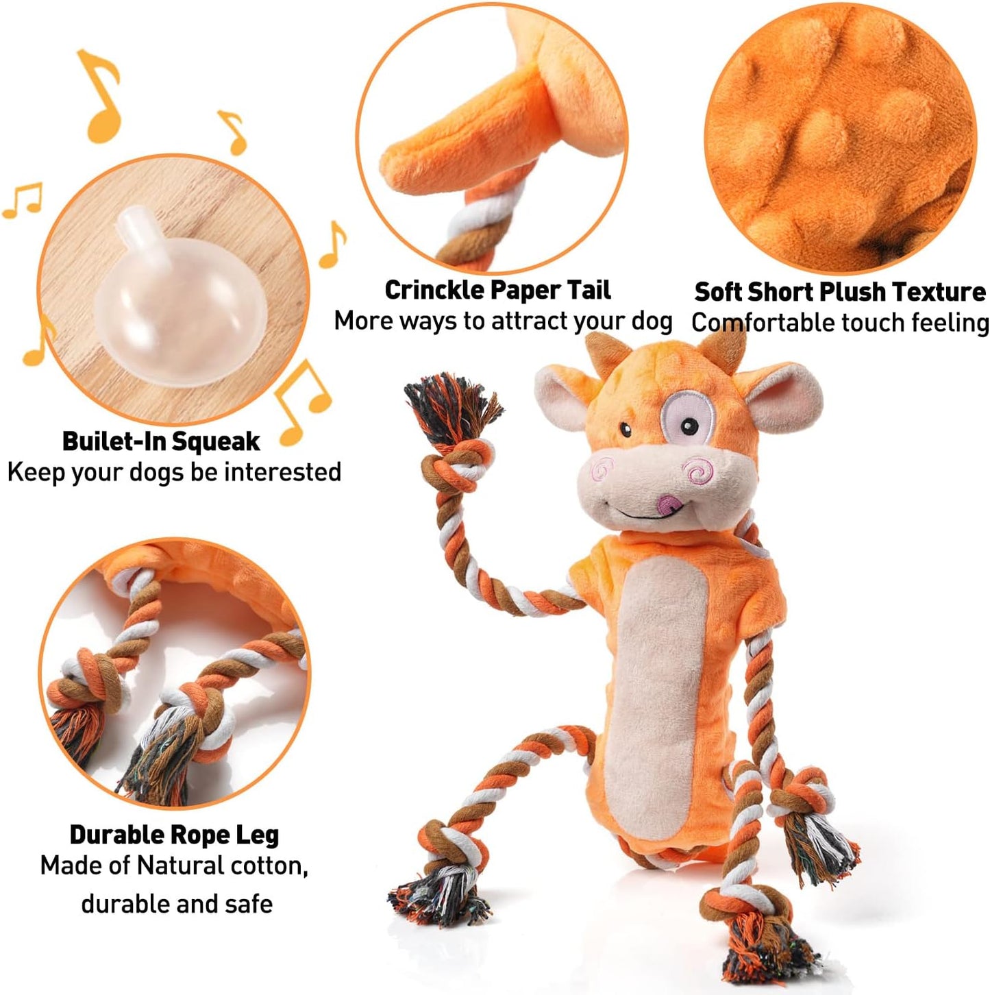 Dog Toys, Tug of War Dog Toys for Large Breed, Cute Squeaky Interactive Dogs Toy with Crinkle Paper, Plush Puppy Chew Toy for Small, Middle, Big Dogs (Cow-SS)