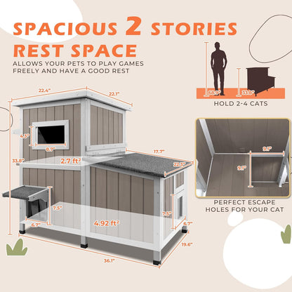 36.1" L Outdoor Cat House,2 Story Wooden Outdoor Cat Shelter with 3 Escape Doors,Weatherproof Fir Wood Feral Cat House with 2 Big Rest Rooms & Openable Asphalt Roof for 2-3 Cats