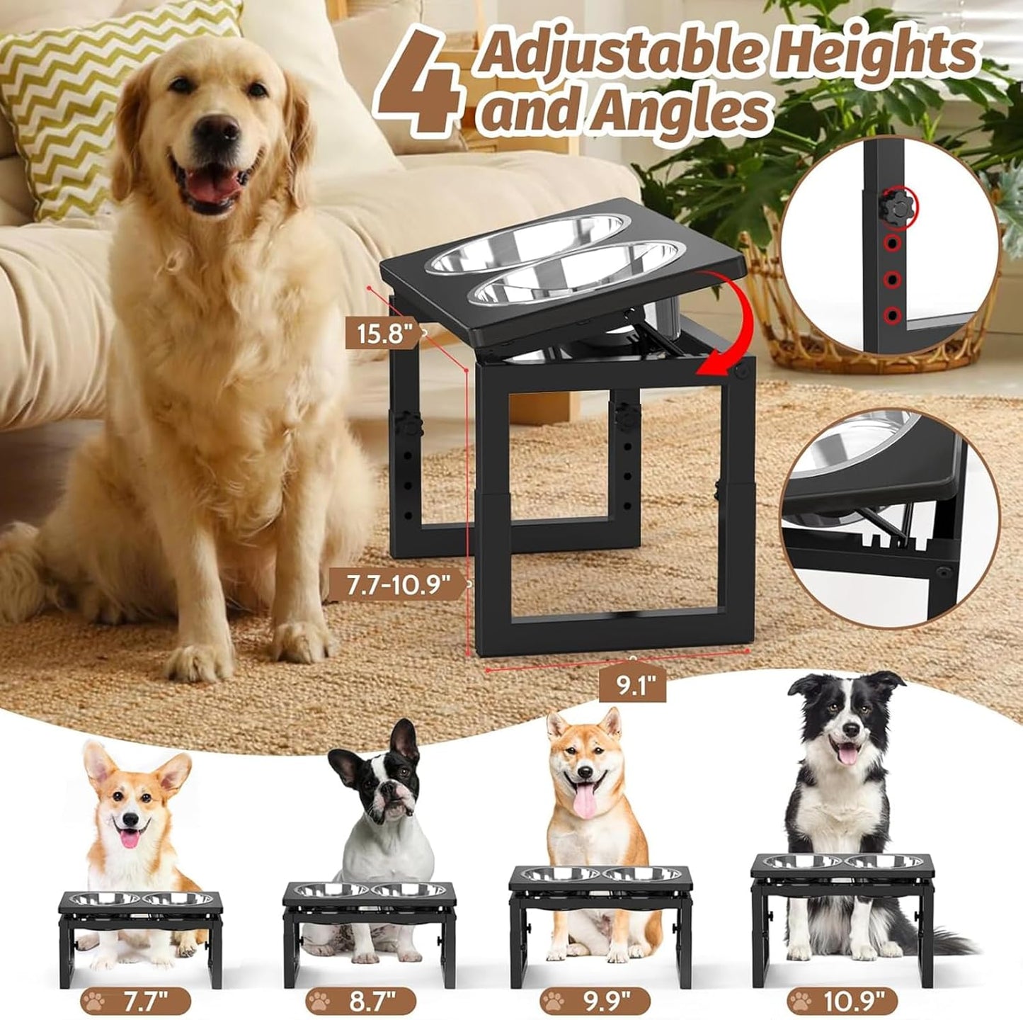 Elevated Dog Bowls Black, 4 Height & Angle Adjustable Raised Dog Bowl Stand, Elevated Dogs Bowl Station for Medium Sized, Sturdy Bamboo Dogs Feeding Station with 2 Stainless Steel Dishes (48oz/6cup)