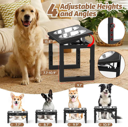 Elevated Dog Bowls Black, 4 Height & Angle Adjustable Raised Dog Bowl Stand, Elevated Dogs Bowl Station for Medium Sized, Sturdy Bamboo Dogs Feeding Station with 2 Stainless Steel Dishes (48oz/6cup)