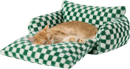 Hollypet Cat Bed Fluffy Plush Mutifuctional Double-Layer Soft Pet Couch Orthopedic Sofa Nest Beds for Small Cats and Dogs, Forest Green and White (21x15x8 inch)