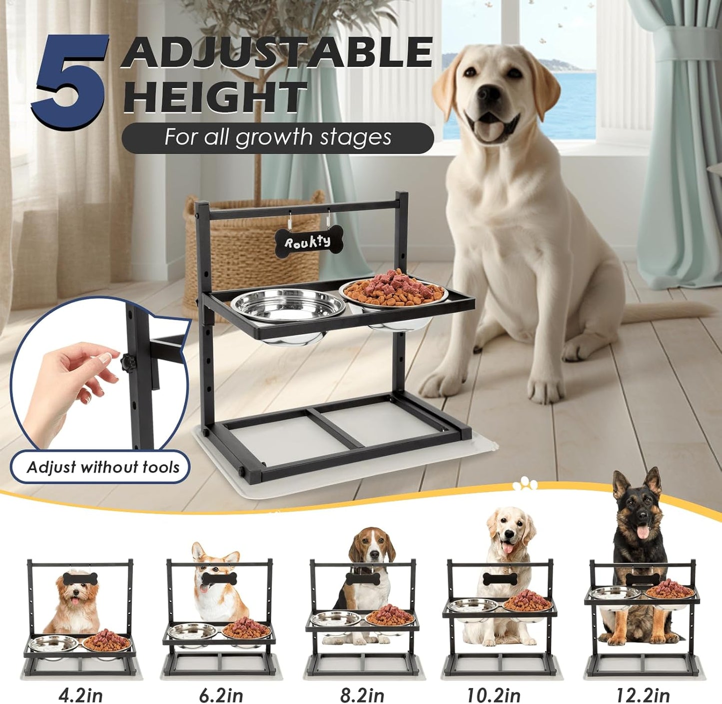 Elevated Dog Bowls with Slow Feeder, 5 Adjustable Heights, Anti-Slip, Durable Metal Frame, Spill Proof Mat, Rust-Resistant Bowls, Easy to Clean