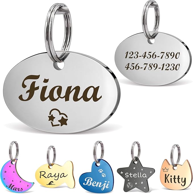 Anavia Small Size Dog Cat ID Tags, Small/XS Personalized Color Plated Stainless Steel Puppy Kitten Name Tags, Customized Engraved Nameplate Pet Collar Tag (Silver, Oval)