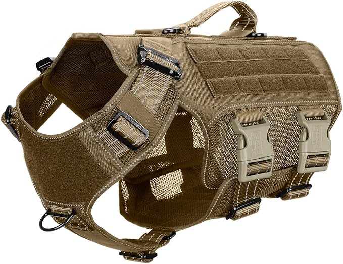 ICEFANG Tactical Mesh Dog Harness for Large Dogs,Reflective Dog Molle Vest with Metal Buckles,Hook and Loop Panels,No Pulling Front Clip for Walking Hiking Training (Large (Pack of 1), Brown)