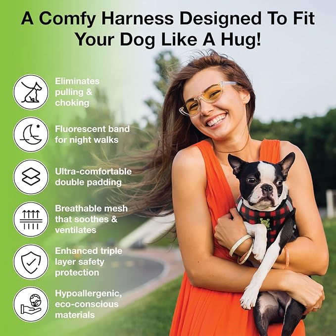 EcoBark Step in Dog Harness - Eco-Friendly Small Breed Dog Harnesses for XXS, XS, and Small Dogs - Reflective and Adjustable Mini Body Halter Vest - Tiny Soft Mesh Toy Breed Harness (Red Plaid, XS)