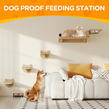 MeowHomm Cat Wall Shelves, Wood Wall Furniture with 3 Steps, Cat Feeding Shelf with 2 Food Bowls, Wooden Bed Furniture Wall Mounted