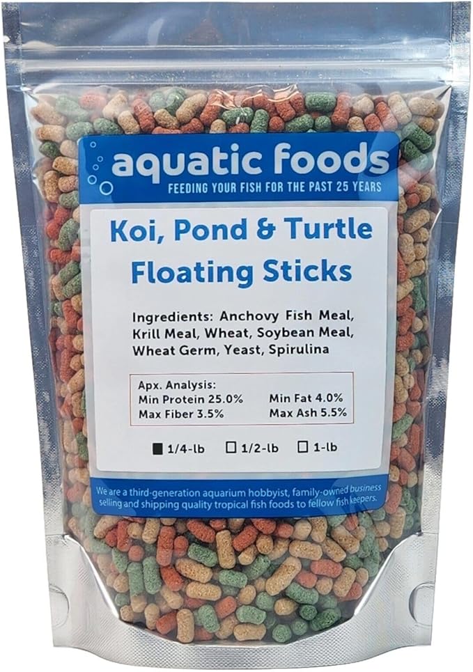 Aquatic Foods Inc. Koi, Pond & Turtle 7/16" x 5/32" 25% Protein Floating Sticks. Spirulina, Color Enhancing & Wheat Germ Sticks for Koi, All Pond Fish, Aquatic Turtles...WL…1/4-lb Foil Pouch Bag