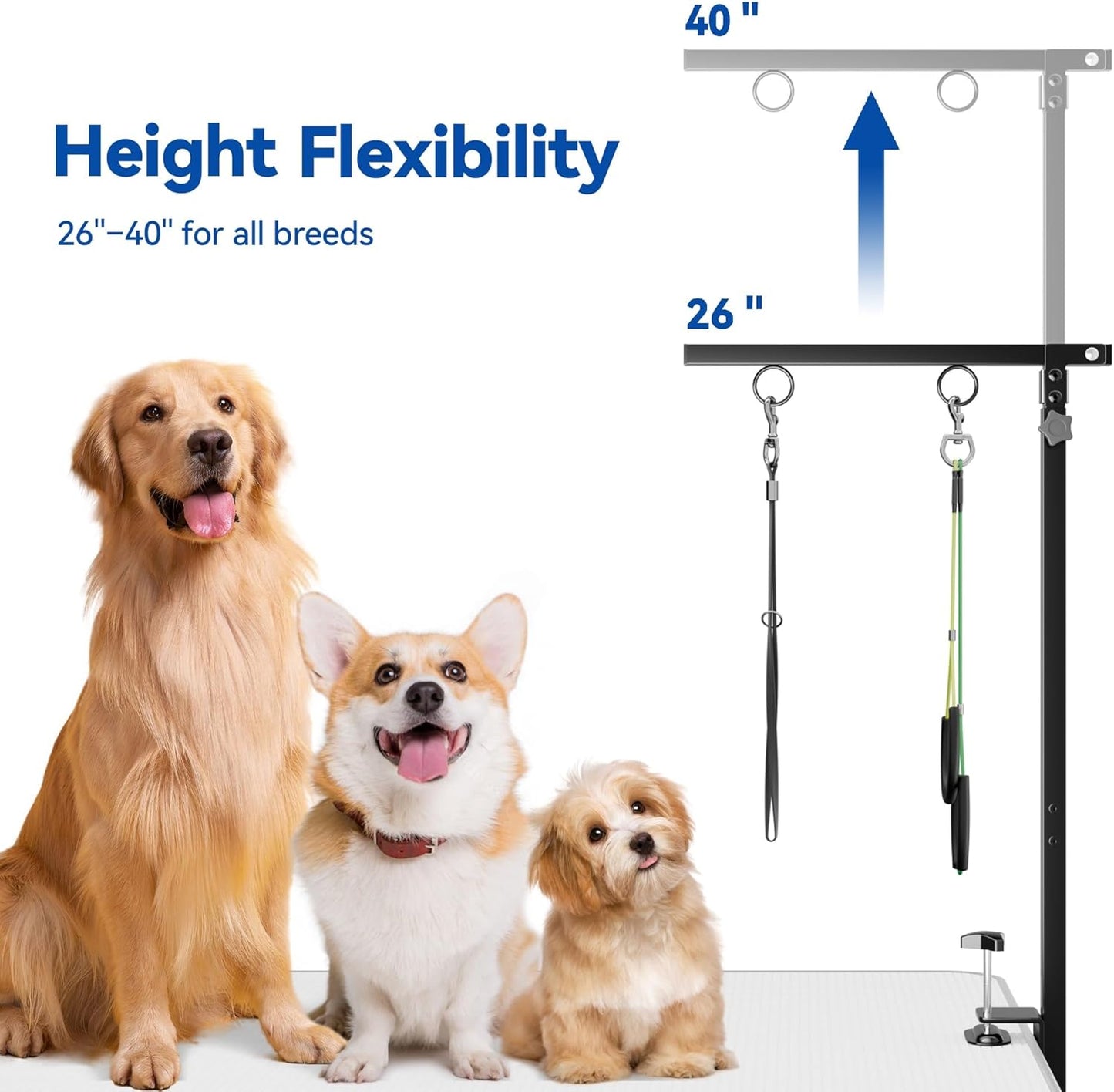 niffgaff Adjustable Foldable Dog Grooming Arm with Heavy-Duty Clamp: 26" to 40" Height, Includes Safety Hammock & No-Sit Holders – Perfect Grooming Restraint for Small & Medium Dogs at Home or Salons