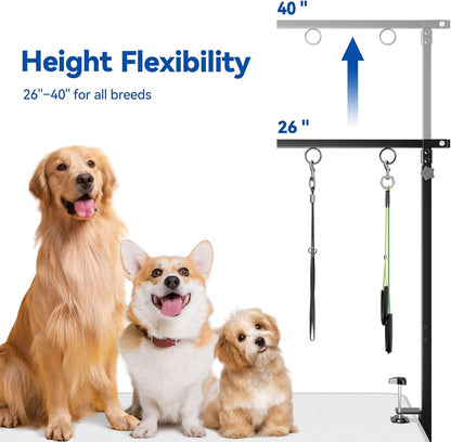 niffgaff Adjustable Foldable Dog Grooming Arm with Heavy-Duty Clamp: 26" to 40" Height, Includes Safety Hammock & No-Sit Holders – Perfect Grooming Restraint for Small & Medium Dogs at Home or Salons