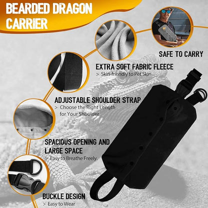 WATFOON Adjustable Lizard Leather Leash Harness and Bearded Dragon Carrier Sling, Reptile Small Pet Training Leashes and Beardie Snuggle Sling Bag for Outdoor Travel (XL Black)